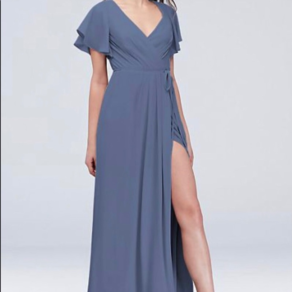 David’s Bridal Flutter Sleeve Blue Wrap Dress